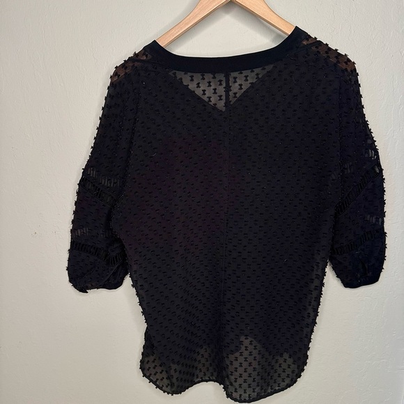 OHNE TITLE Rare Sheer Swiss Dot Loose Fit Black Blouse Tie Neck 3/4 Sleeves Sz 6 - Picture 15 of 15